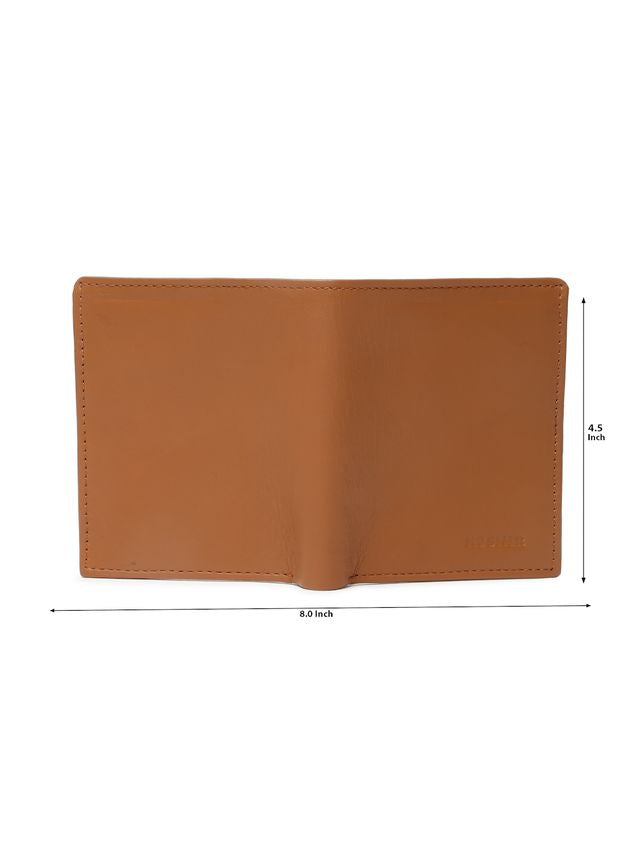 KOSHER Tan Color Men's Genuine Leather Bi-Fold Wallet With Zipper Pocket And ID Window