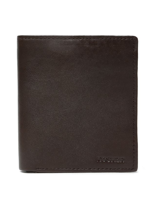 KOSHER Brown Color Men's Genuine Leather Bi-Fold Wallet With Zipper Pocket And ID Window