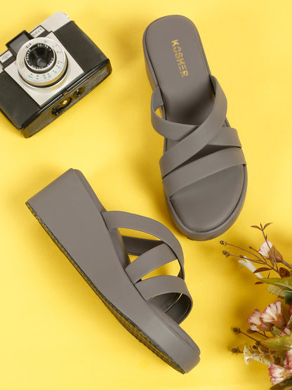 Kosher Women's Dark/Grey Platform Wedge Slides | Stylish Cross Strap Slip-On Sandals for Casual & Daily Wear