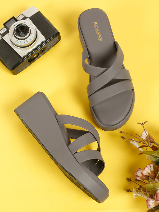 Kosher Women's Dark/Grey Platform Wedge Slides | Stylish Cross Strap Slip-On Sandals for Casual & Daily Wear