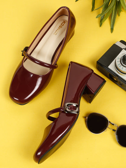 Kosher Women Wine Patent Mary Jane Block Heel Pumps | Glossy Closed Toe Casual & Party Heels