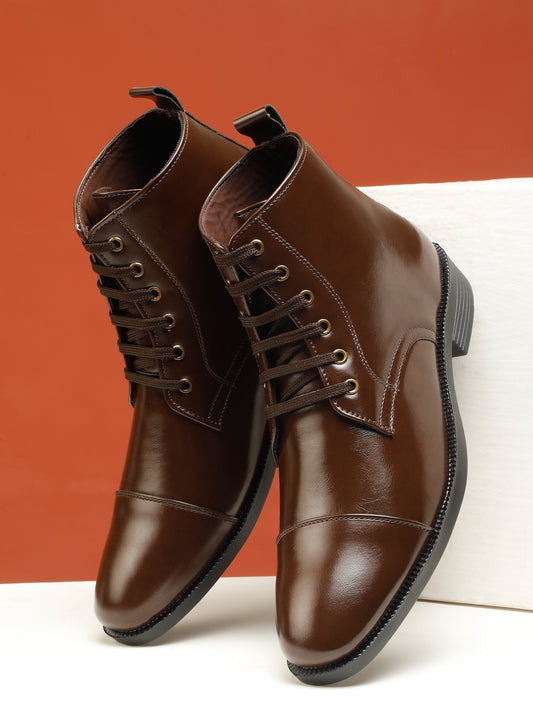 KOSHER Men's Brown Synthetic Leather High-Ankle Cap Toe Lace-Up Boots