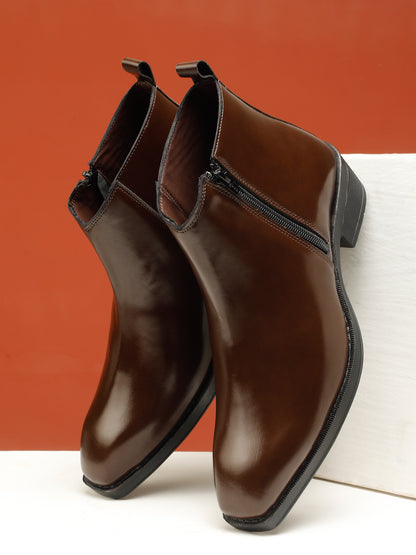 Kosher Men's Premium Brown Synthetic Leather Ankle Chelsea Boots with Side Zip Closure and Cuban Heel