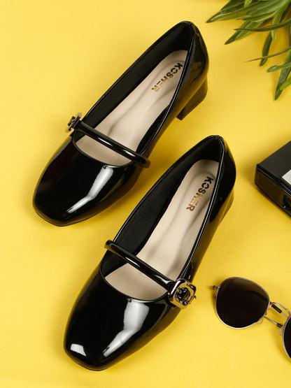 Kosher Women Black Patent Mary Jane Block Heel Pumps | Glossy Closed Toe Casual & Party Heels