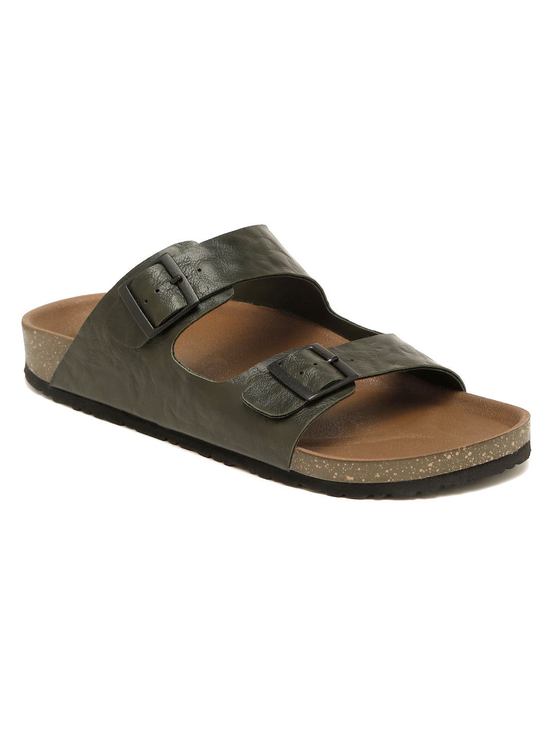 Kosher Men's Stylish and Comfortable Textured Olive Colour Double Buckle Slipper