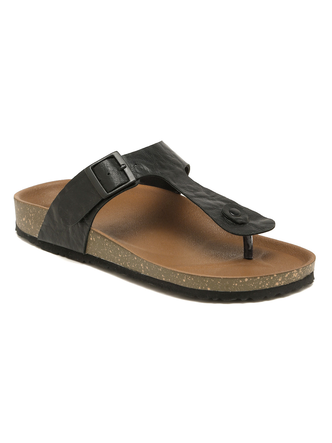 Kosher Men's Black Textured Thong-Strap Flip-Flops Slippers with Adjustable Buckle