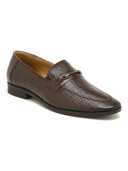 Kosher Men's Brown Textured Slip-On Formal Shoes