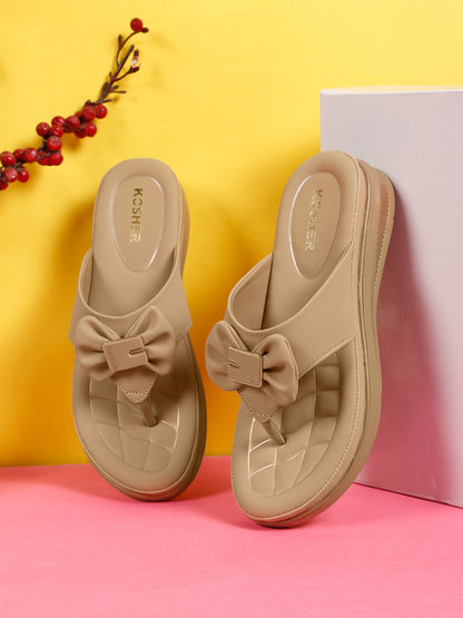 Kosher Women's Comfort Platform Toe-Ring Slippers with Bow Accent – Beige