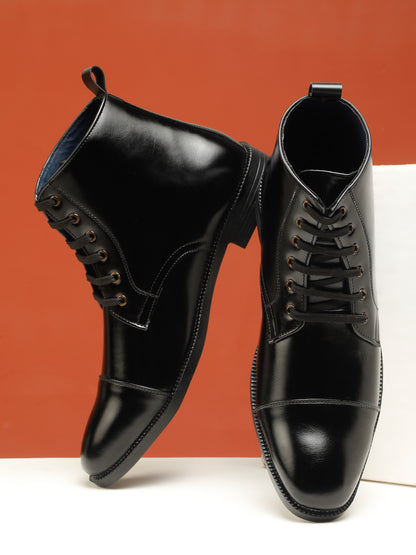 KOSHER Men's Black Synthetic Leather High-Ankle Cap Toe Lace-Up Boots