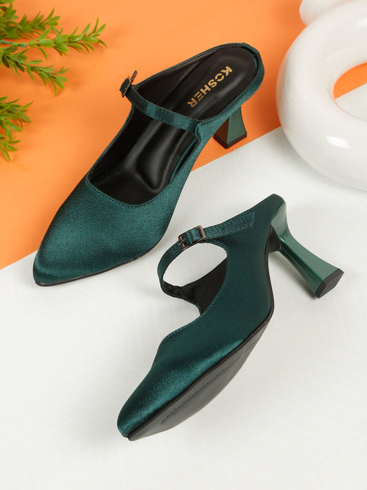 Kosher Women's Green Mules Heels – Elegant Pointed Toe Slip-On Pumps