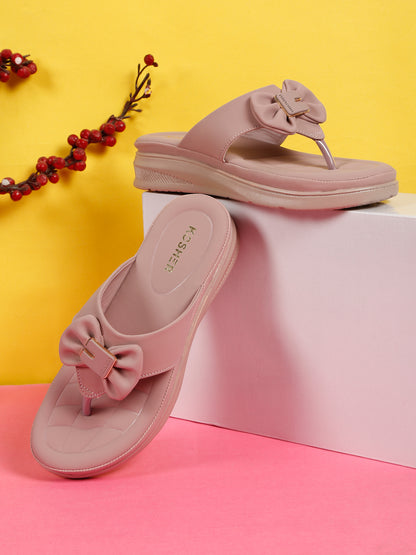 Kosher Women's Comfort Platform Toe-Ring Slippers with Bow Accent – Wood/Rose