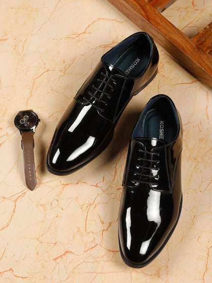KOSHER Men Black Glossy Patent Formal Derby Shoes
