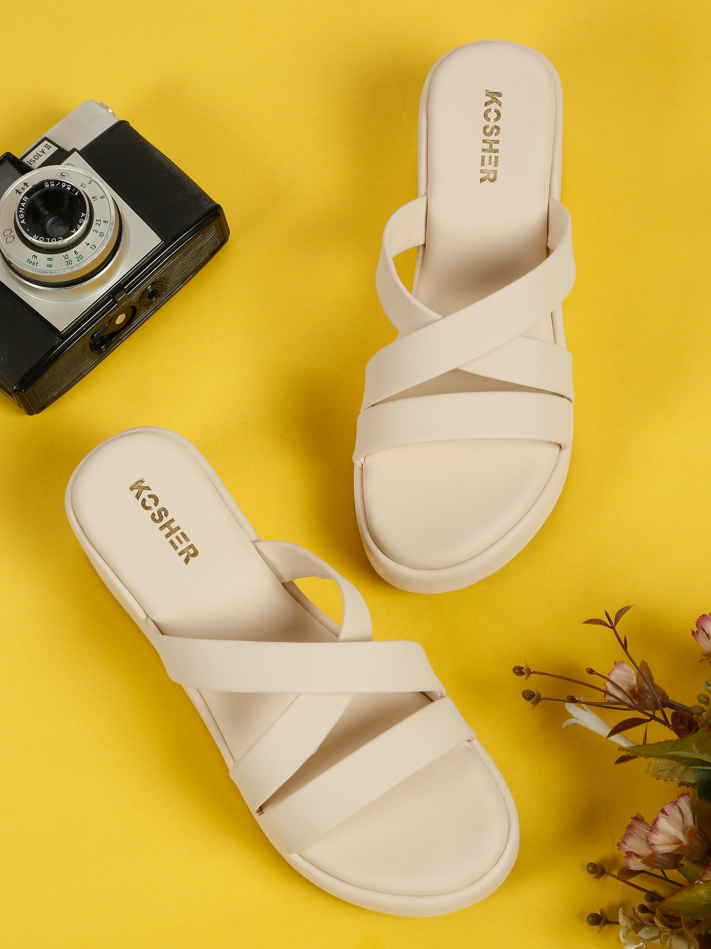 Kosher Women's Cream Platform Wedge Slides | Stylish Cross Strap Slip-On Sandals for Casual & Daily Wear
