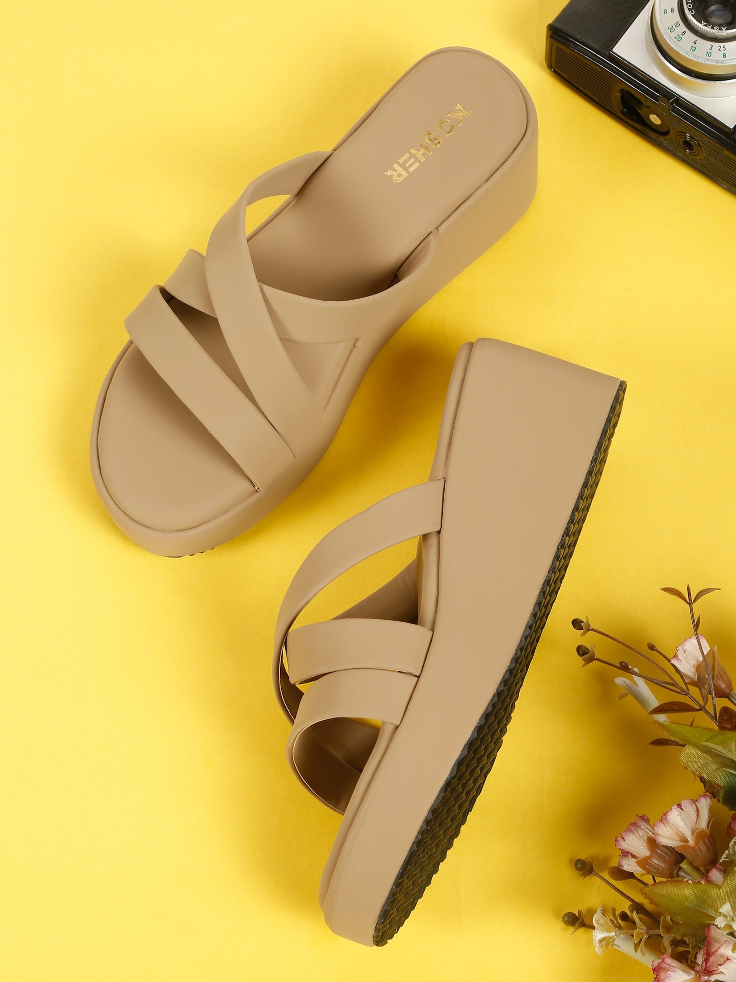 Kosher Women's Beige Platform Wedge Slides | Stylish Cross Strap Slip-On Sandals for Casual & Daily Wear