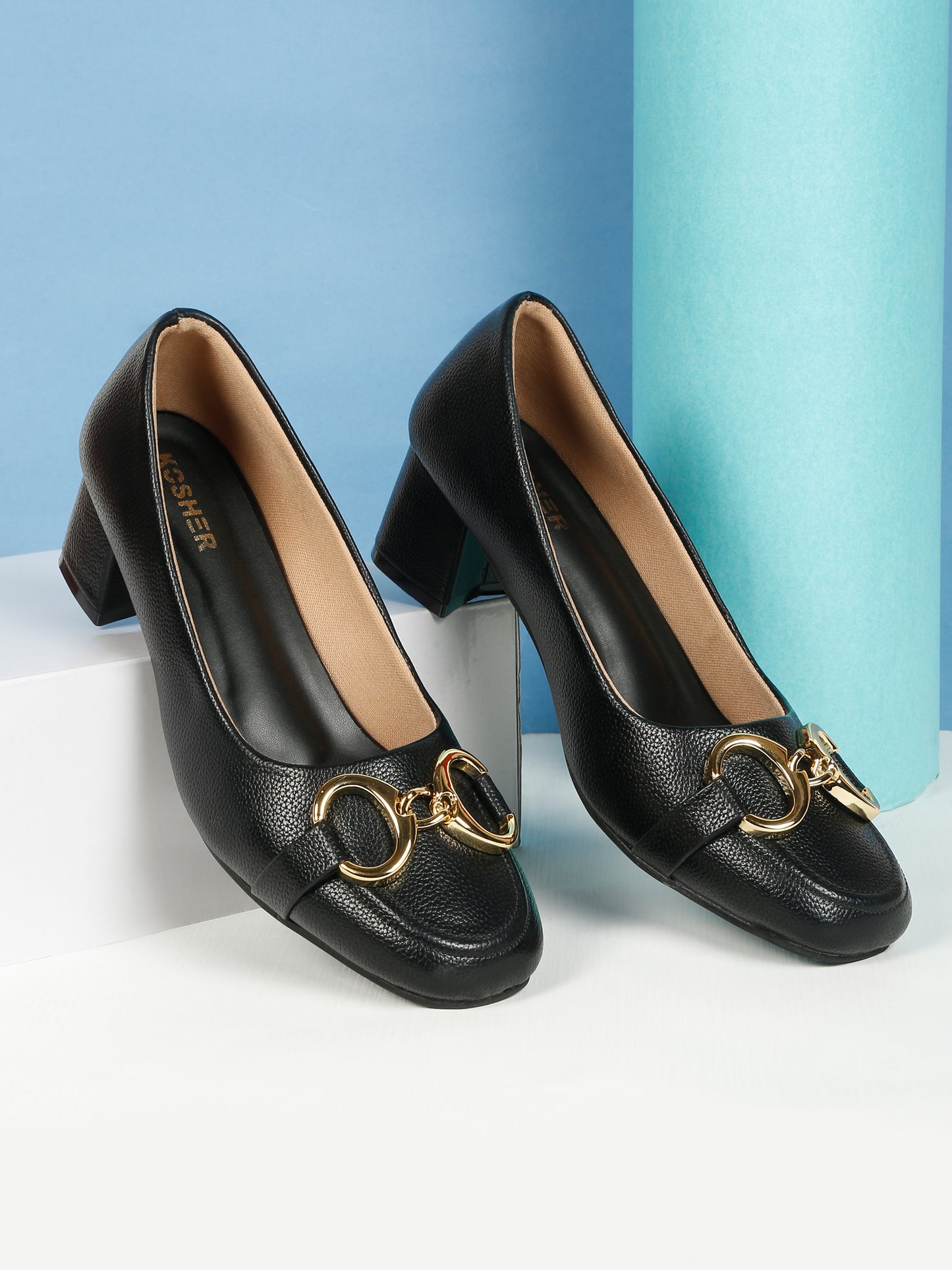 Kosher Women’s Black Block Heel Pumps with Gold Chain Buckle | Formal Office Wear Heels