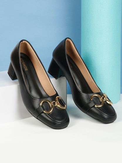 Kosher Women’s Black Block Heel Pumps with Gold Chain Buckle | Formal Office Wear Heels