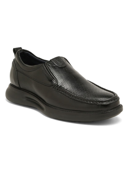 Kosher Men's Black Genuine Leather Slip-On Perforated Shoes