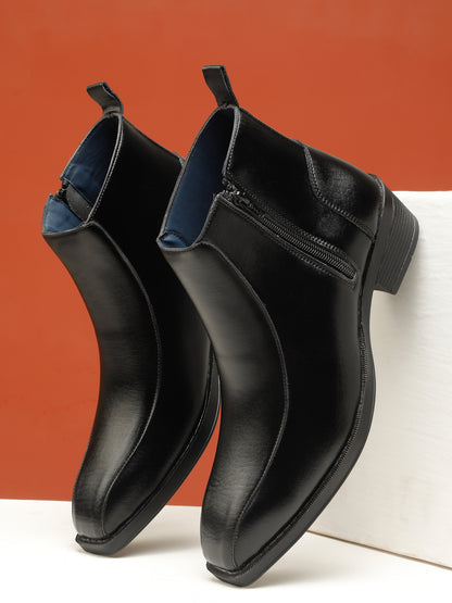 Kosher Men's Black Synthetic Leather Side-Zip Square-Toe Ankle Boots