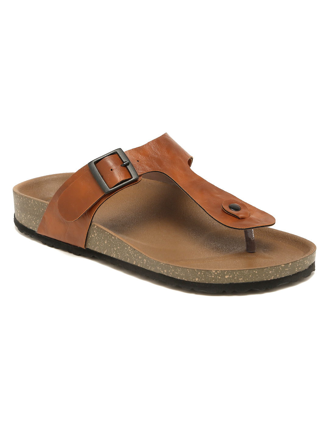 Kosher Men's Tan Textured Thong-Strap Flip-Flops Slippers with Adjustable Buckle