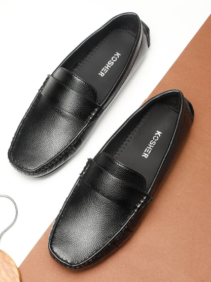 KOSHER Men Textured Black Classic Penny Slip-On Loafers