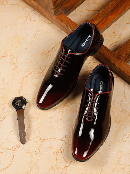 KOSHER Men’s Wine Glossy Formal Lace-Up Shoes