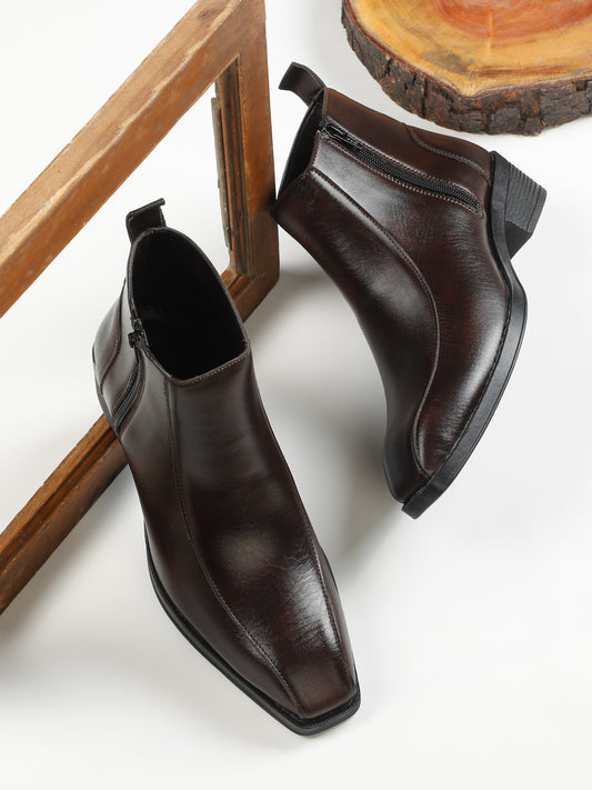 Kosher Men's Brown Synthetic Leather Side-Zip Square-Toe Ankle Boots