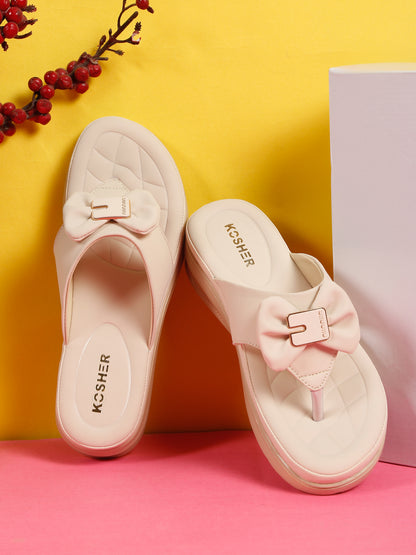 Kosher Women's Comfort Platform Toe-Ring Slippers with Bow Accent – Cream