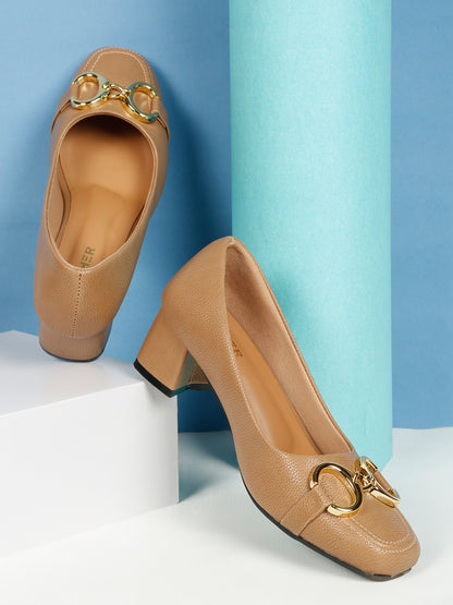 Kosher Women’s Beige Block Heel Pumps with Gold Chain Buckle | Formal Office Wear Heels