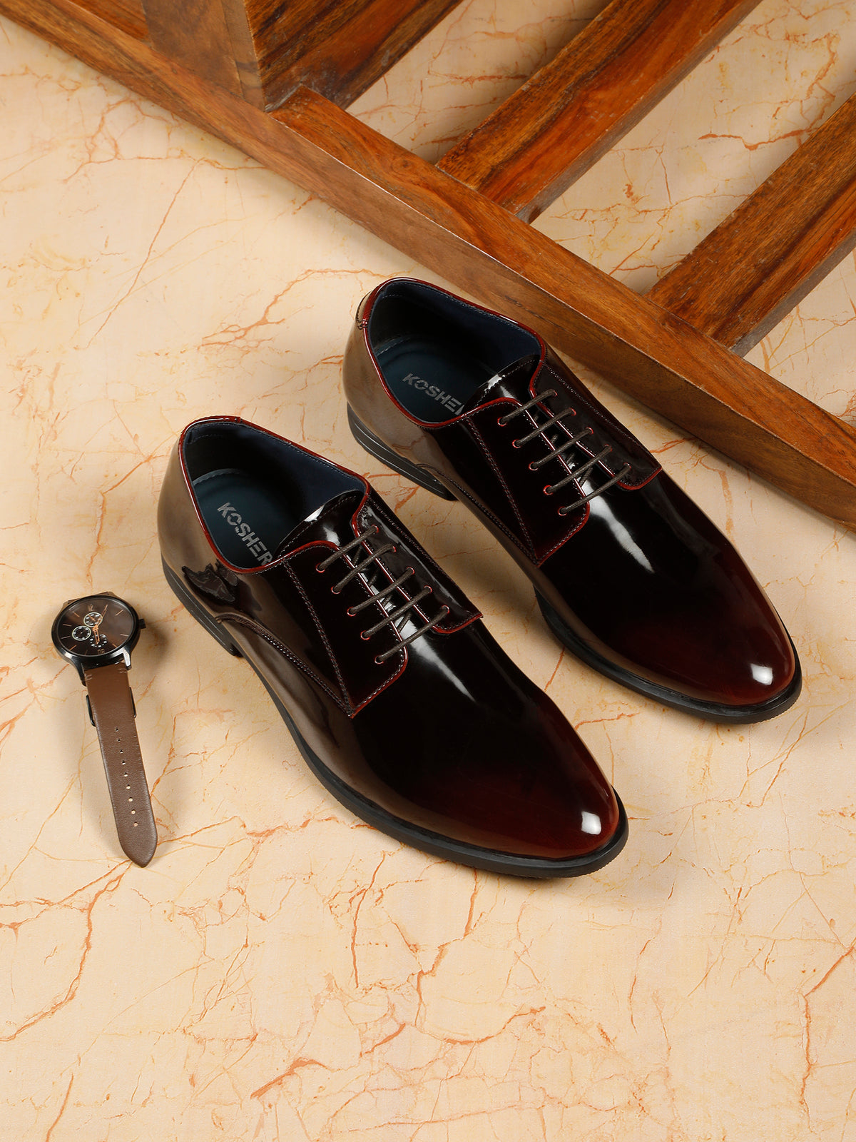 KOSHER Men Wine Glossy Patent Formal Derby Shoes