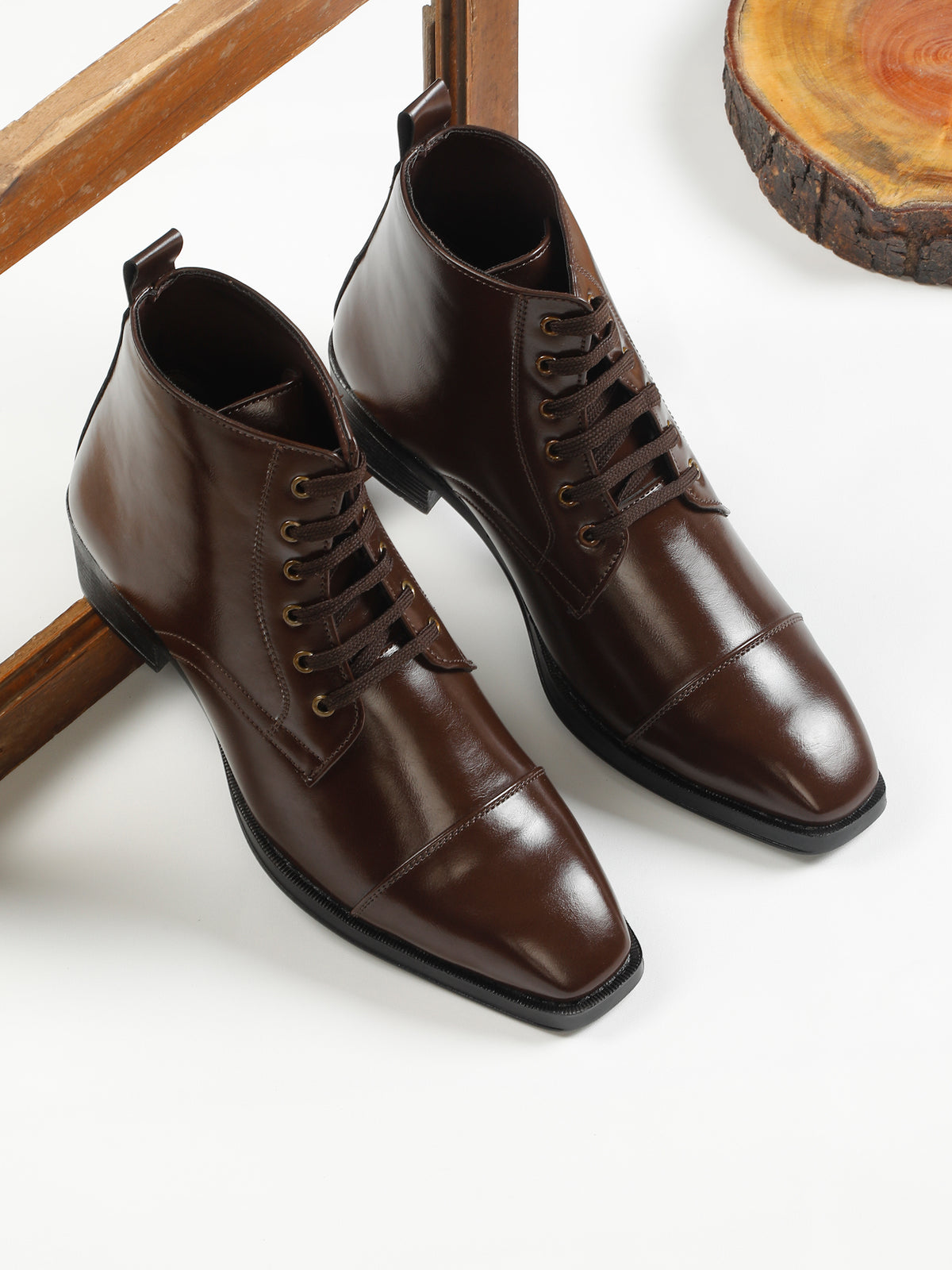 KOSHER Men Brown Solid Synthetic Leather Lace-Up Mid-Top High Heel Boots
