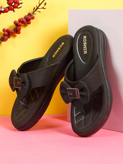 Kosher Women's Comfort Platform Toe-Ring Slippers with Bow Accent – Black