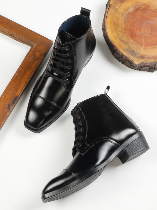 KOSHER Men Black Solid Synthetic Leather Lace-Up Mid-Top High Heel Boots