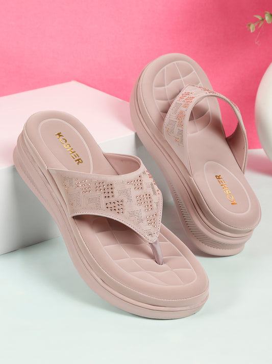Kosher Women's Wood/Rose Comfort Platform Flip-Flops with Studded Strap