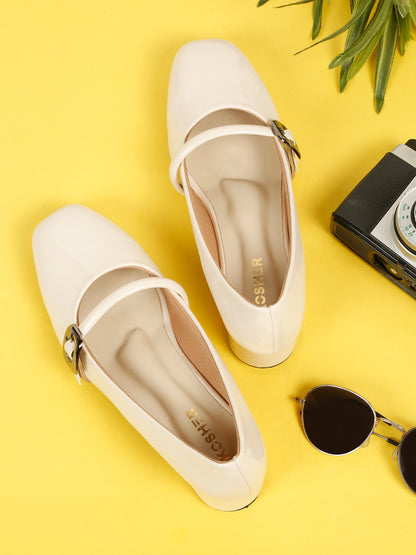 Kosher Women Cream Patent Mary Jane Block Heel Pumps | Glossy Closed Toe Casual & Party Heels