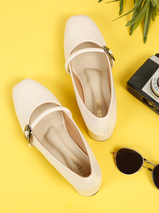 Kosher Women Cream Patent Mary Jane Block Heel Pumps | Glossy Closed Toe Casual & Party Heels