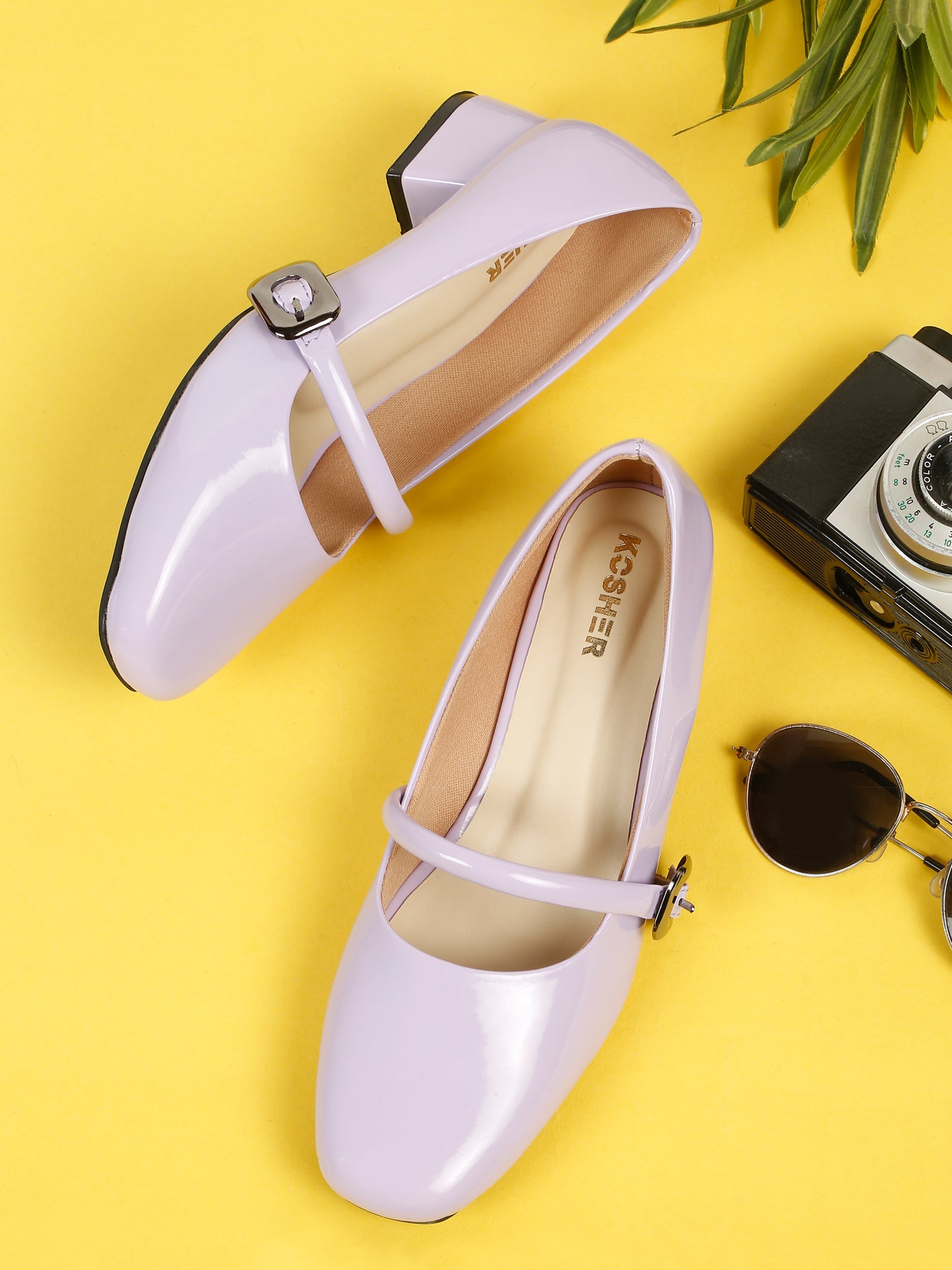 Kosher Women Lavender Patent Mary Jane Block Heel Pumps | Glossy Closed Toe Casual & Party Heels