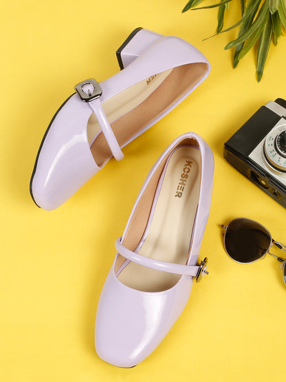 Kosher Women Lavender Patent Mary Jane Block Heel Pumps | Glossy Closed Toe Casual & Party Heels
