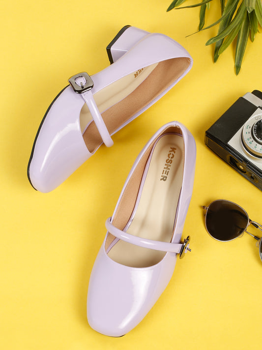 Kosher Women Lavender Patent Mary Jane Block Heel Pumps | Glossy Closed Toe Casual & Party Heels