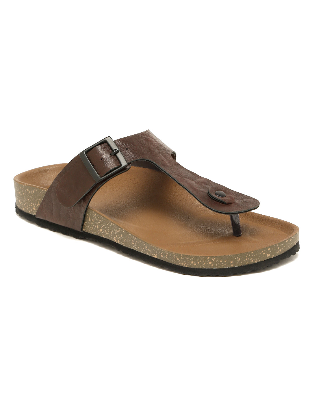 Kosher Men's Brown Textured Thong-Strap Flip-Flops Slippers with Adjustable Buckle