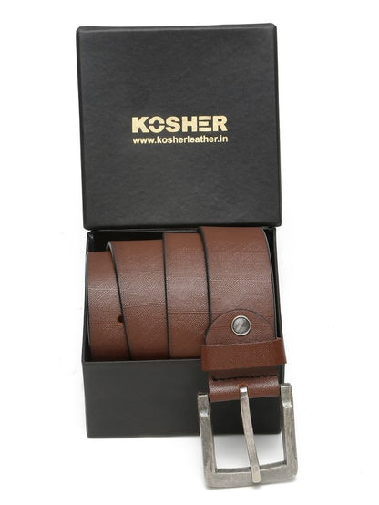 KOSHER Brown Color Textured Men’s Classic Genuine Leather Belt with Antique Silver Buckle