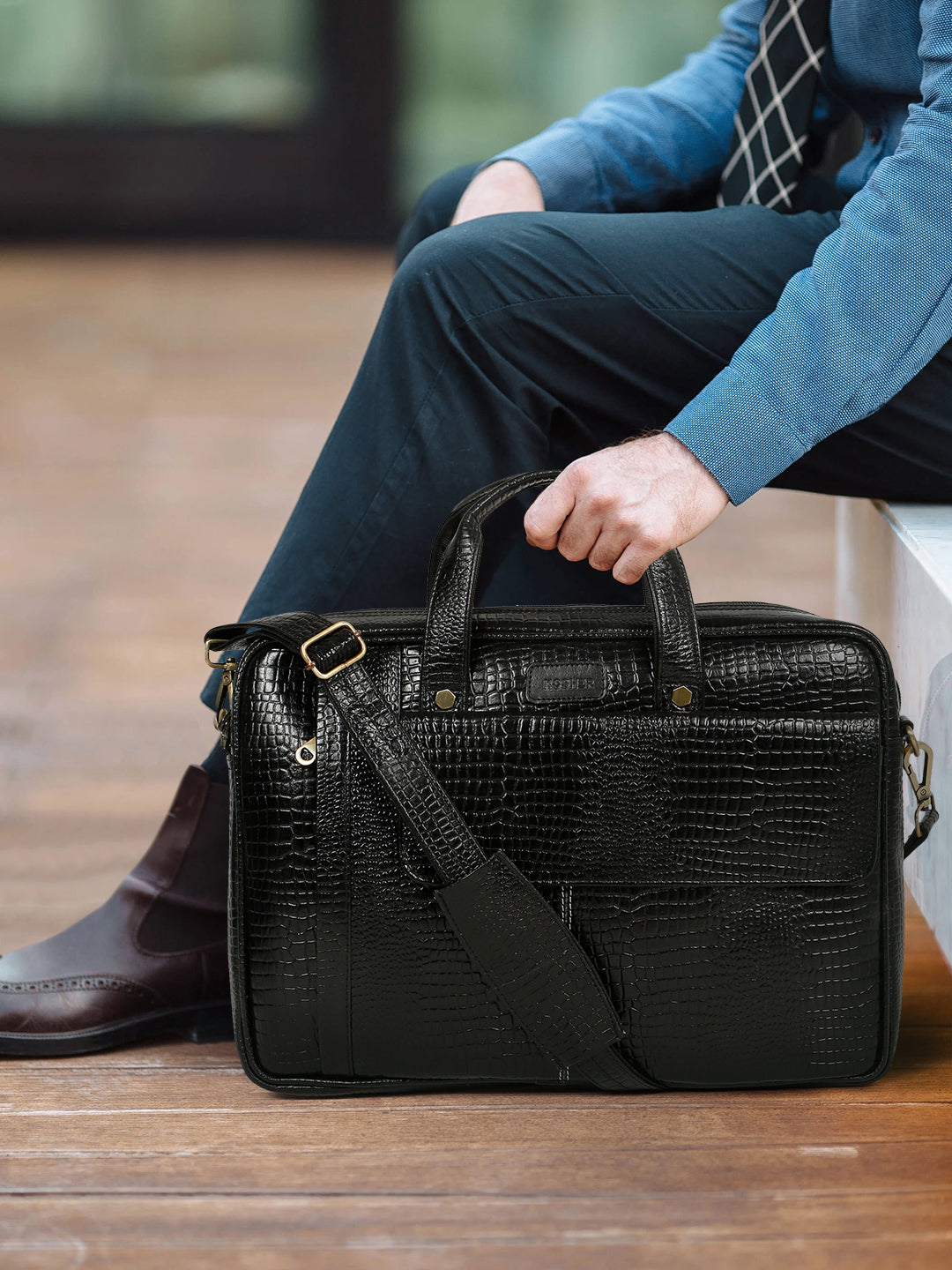 KOSHER Men's  Crocodile Textured Genuine Leather Laptop Bag with Detachable Shoulder Strap for Men / Women