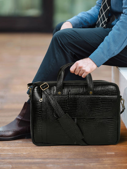 KOSHER Men's  Crocodile Textured Genuine Leather Laptop Bag with Detachable Shoulder Strap for Men / Women