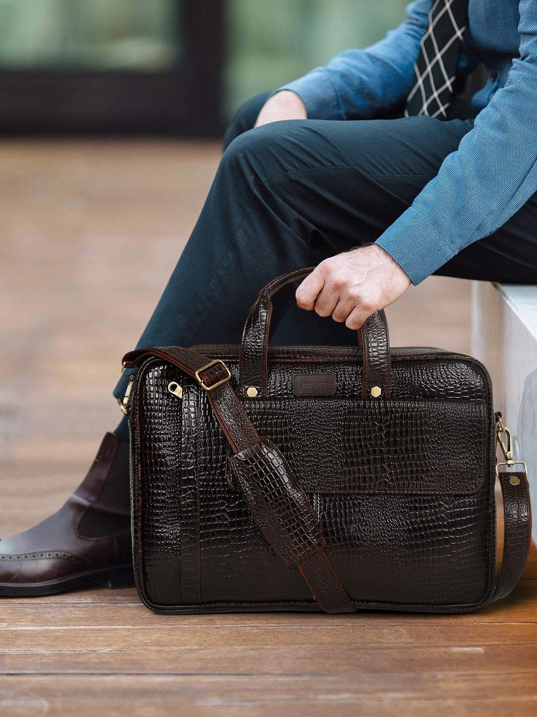 KOSHER Men's  Crocodile Textured Genuine Leather Laptop Bag with Detachable Shoulder Strap for Men / Women