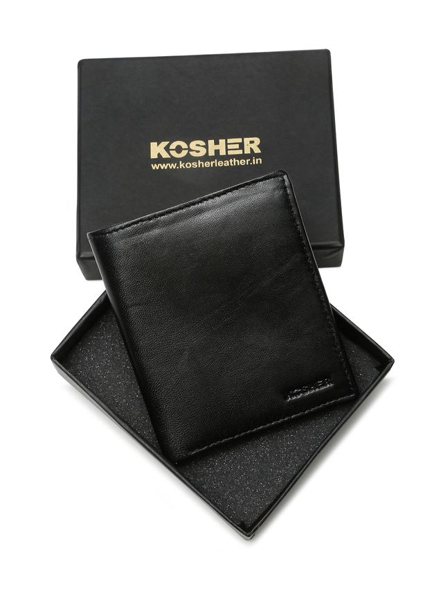 KOSHER Black Color Men's Genuine Leather Bi-Fold Wallet With Zipper Pocket And ID Window