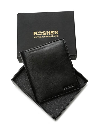 KOSHER Black Color Men's Genuine Leather Bi-Fold Wallet With Zipper Pocket And ID Window