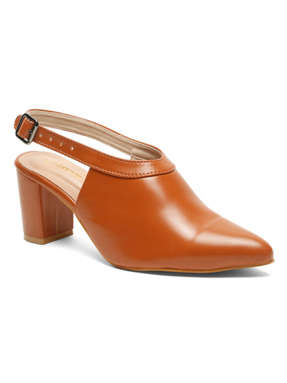 Kosher Women's Tan Pointed Toe Slingback Block Heel Pumps