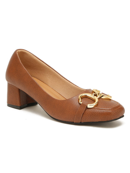 Kosher Women’s Brown Block Heel Pumps with Gold Chain Buckle | Formal Office Wear Heels