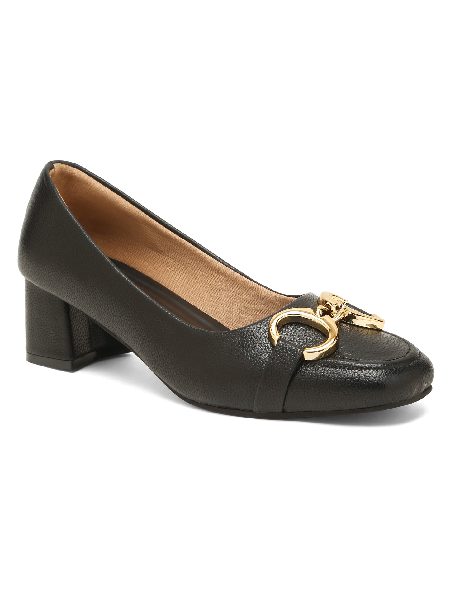 Kosher Women’s Black Block Heel Pumps with Gold Chain Buckle | Formal Office Wear Heels
