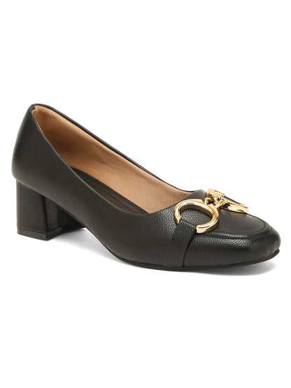 Kosher Women’s Black Block Heel Pumps with Gold Chain Buckle | Formal Office Wear Heels