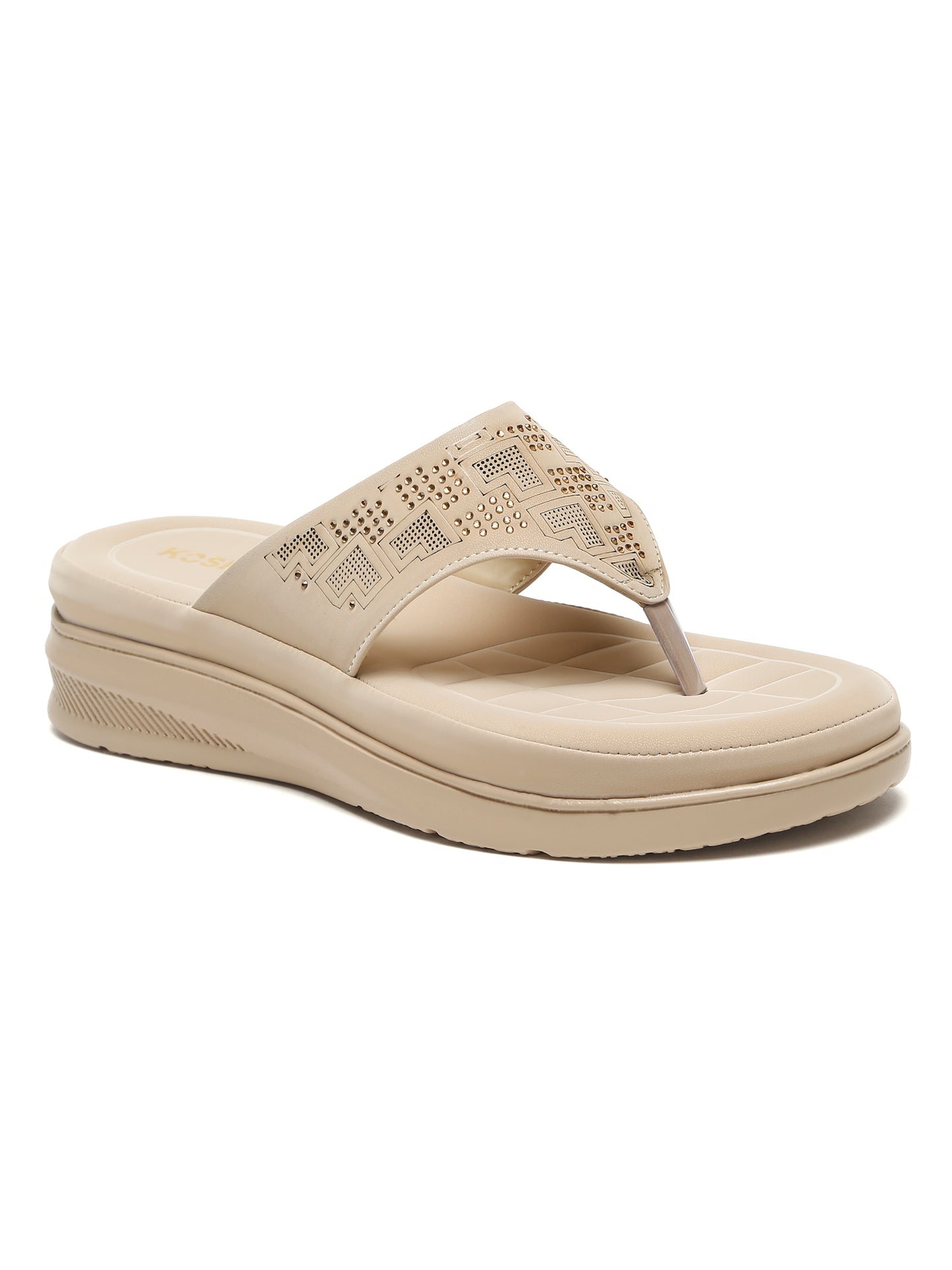 Kosher Women's Cream Comfort Platform Flip-Flops with Studded Strap